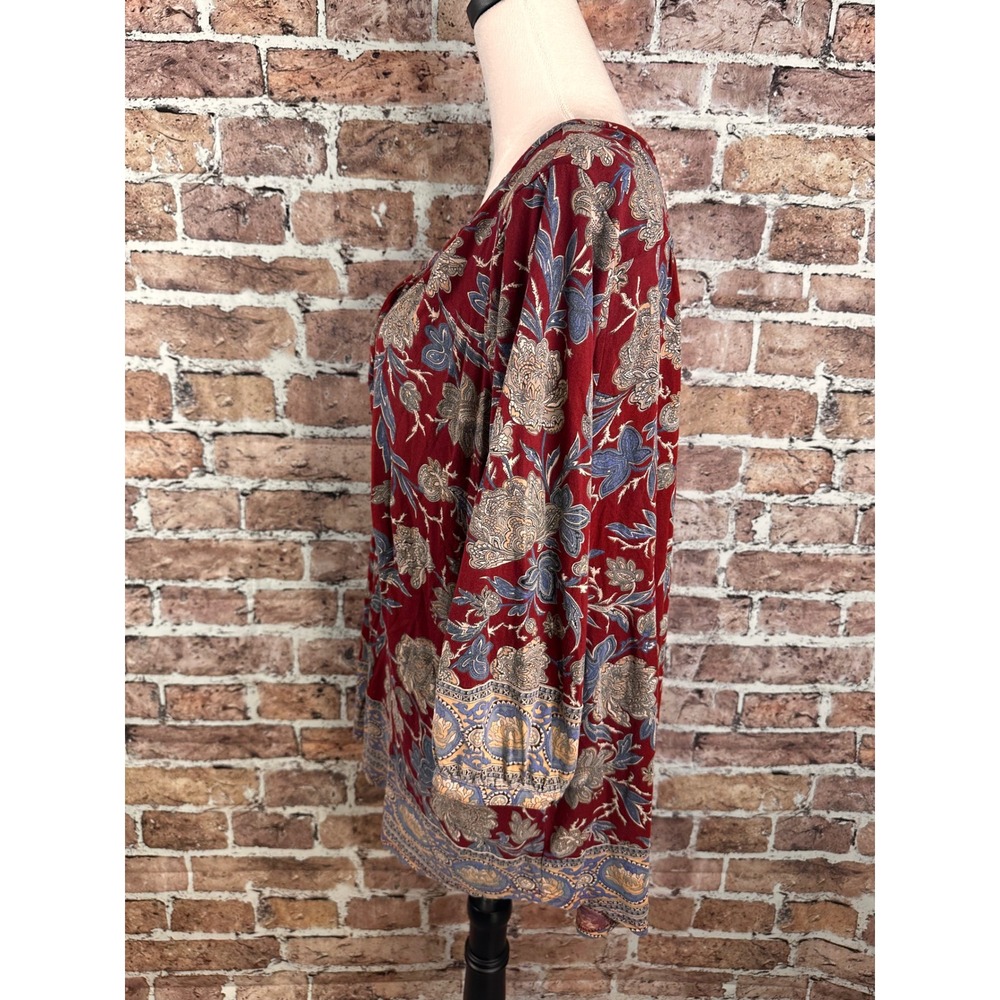 Lucky Brand Red Floral Boho Henley Tunic Blouse Plus Size 2X 3/4 Sleeve Border - Picture 6 of 14